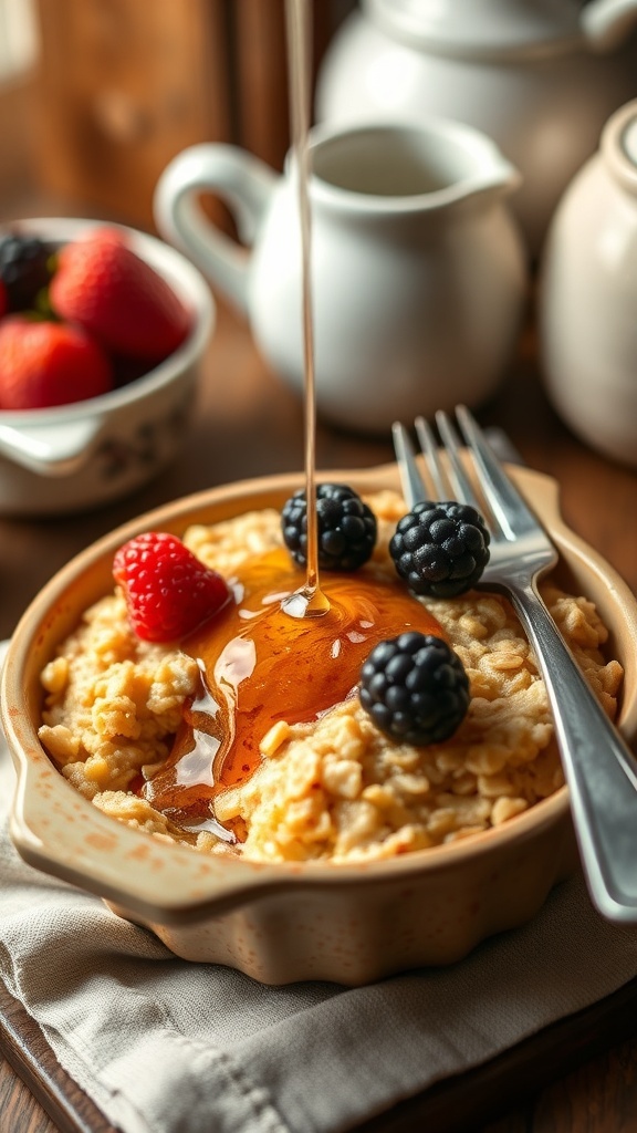 Baked oats topped with berries and maple syrup in a cozy kitchen setting.